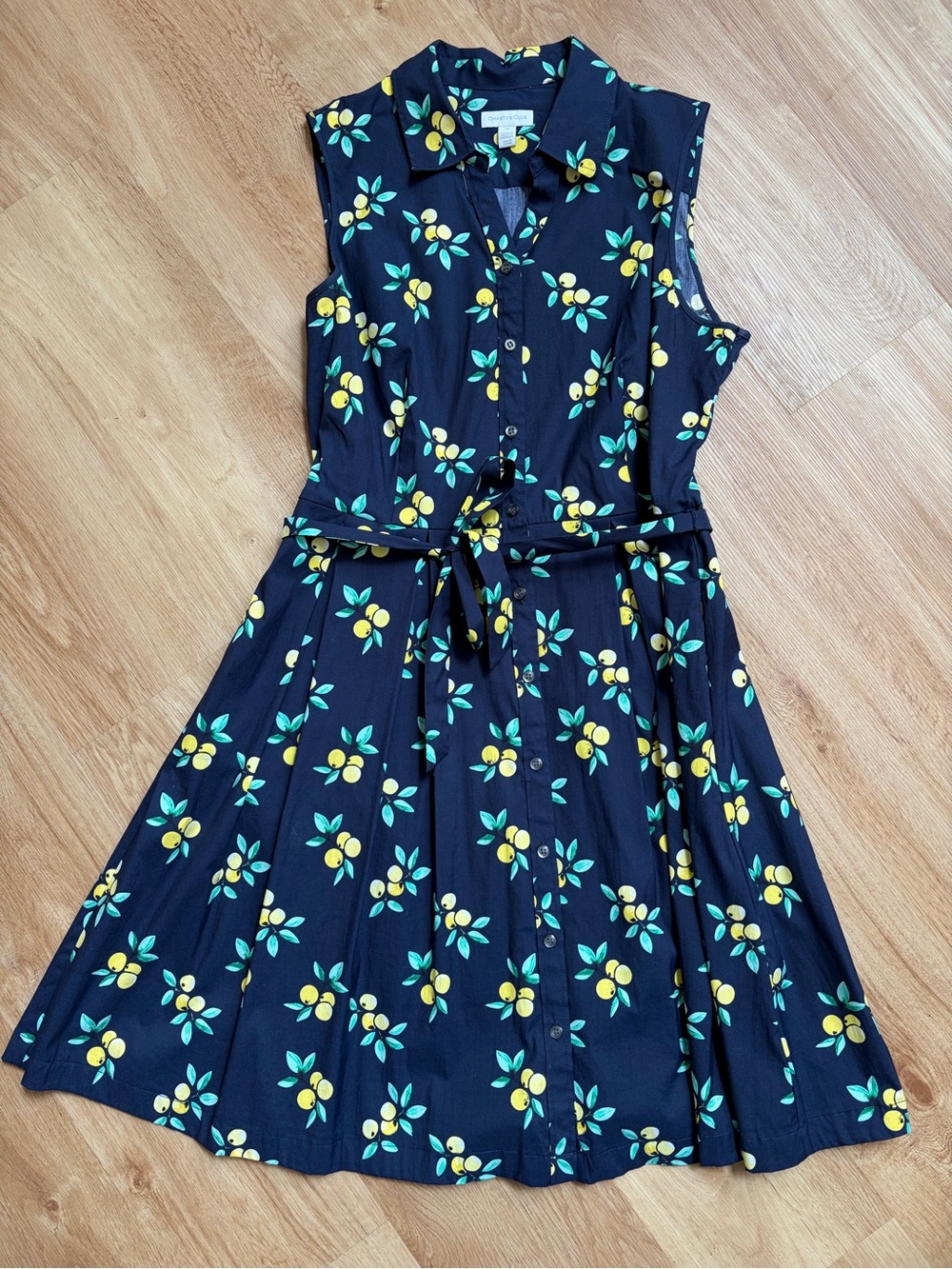 Lemon Print Midi Shirt Dress Navy Blue Lemons Tie Waist Sleeveless Preppy sz 14